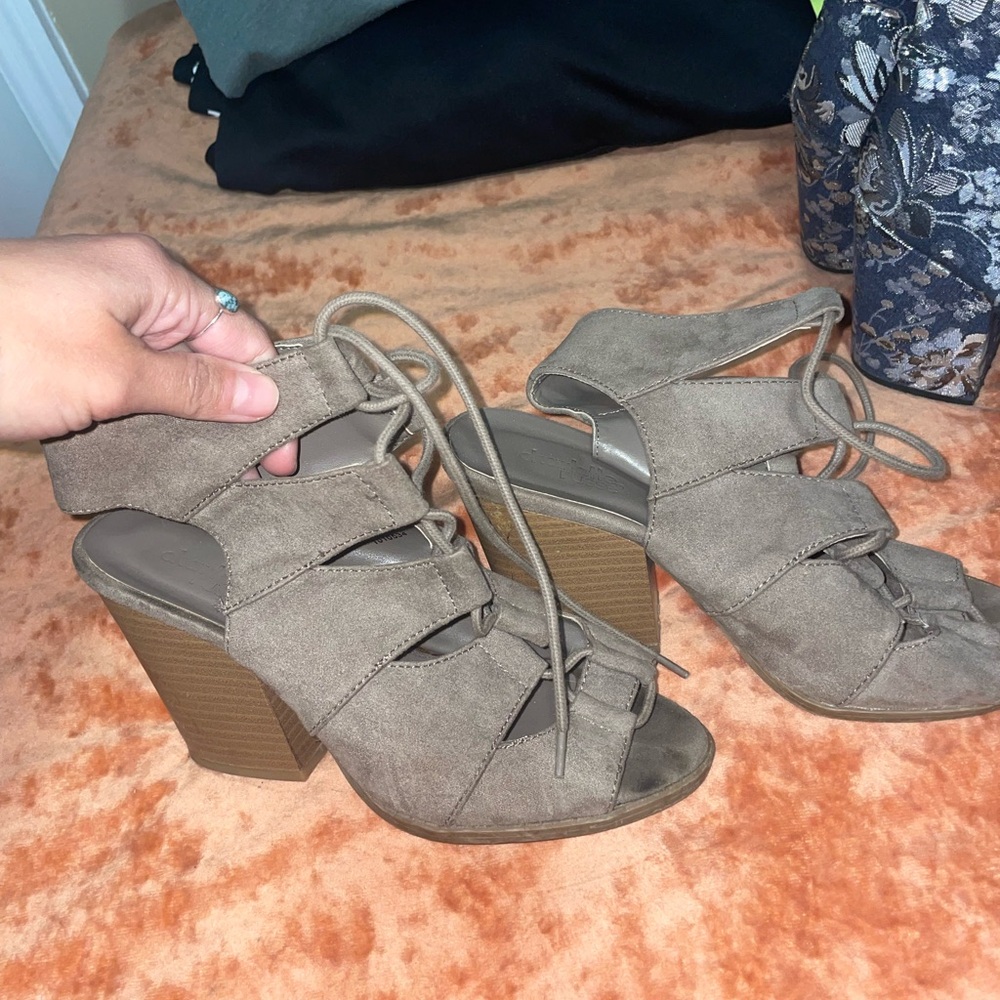 Taupe Lace-Up Block Heel Sandals
